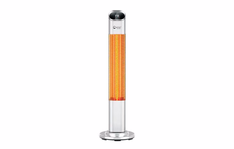 Equip2clean 2KW Upright Infrared Outdoor Heater with IP65 Rating and Rotating LED Touchscreen in Silver