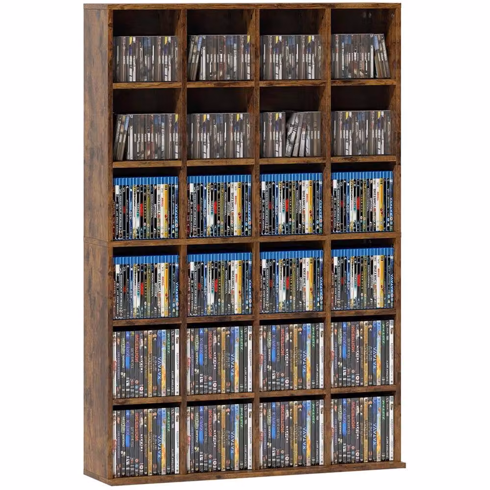 VOGREX Rustic Brown Wood Media Storage Rack with Adjustable Shelves and Back Panel – 6