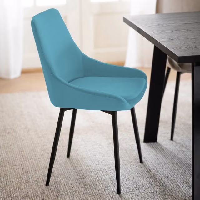FWStyle Set of 2 Modern Padded Turquoise Velvet Dining Chairs with Black Metal Legs