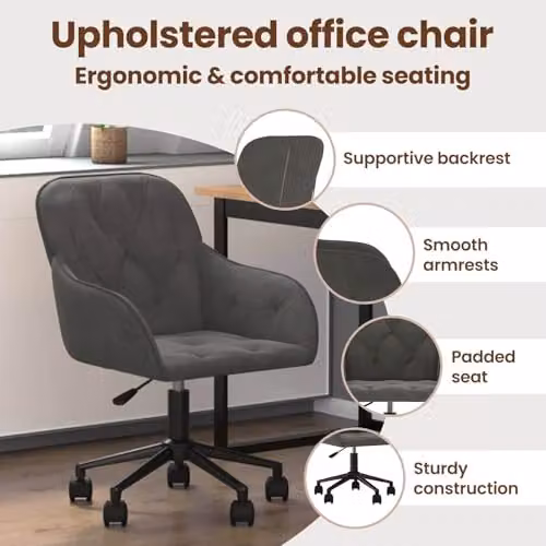 vidaXL Velvet Swivel Task Chair in Grey, W/D/H: 56 x 61.5 x 72 cm – 4