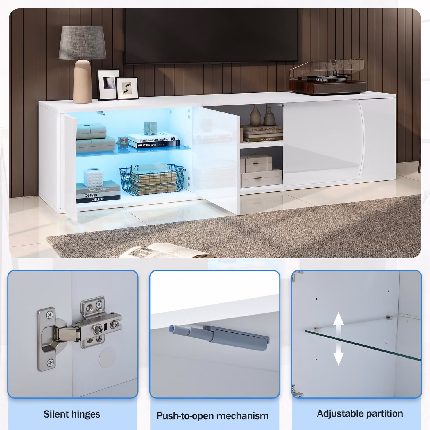Aosom UK Modern White Freestanding TV Cabinet with LED Ambient Lighting and Tempered Glass Display, W/D/H: 180 x 40 x 45 cm – 4