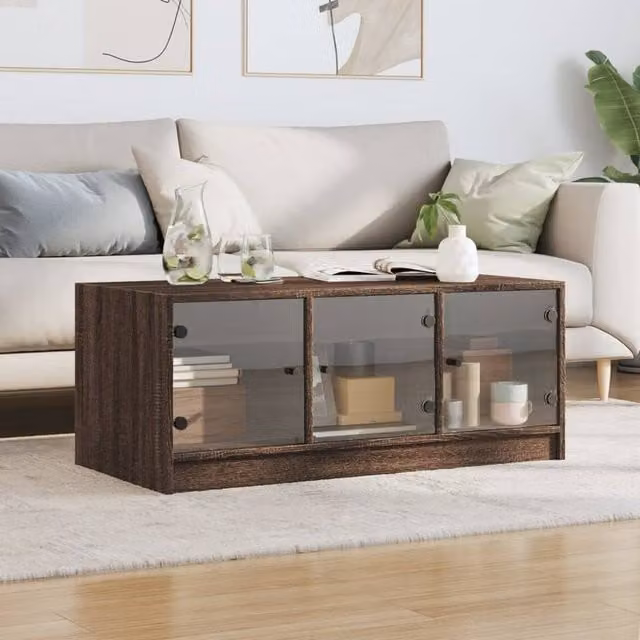 Berkfield Home Modern Coffee Table in Brown Oak with Glass Doors, W/D/H: 102 x 50 x 42 cm – 1