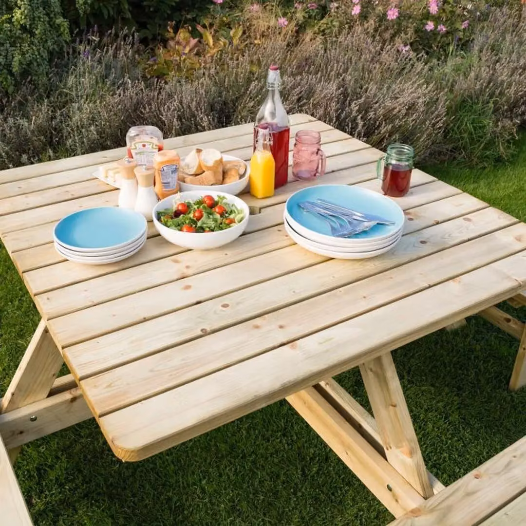Rowlinsons Square Picnic Table in Brown Wood, W: 199 cm, D: 199 cm, H: 75 cm – 4