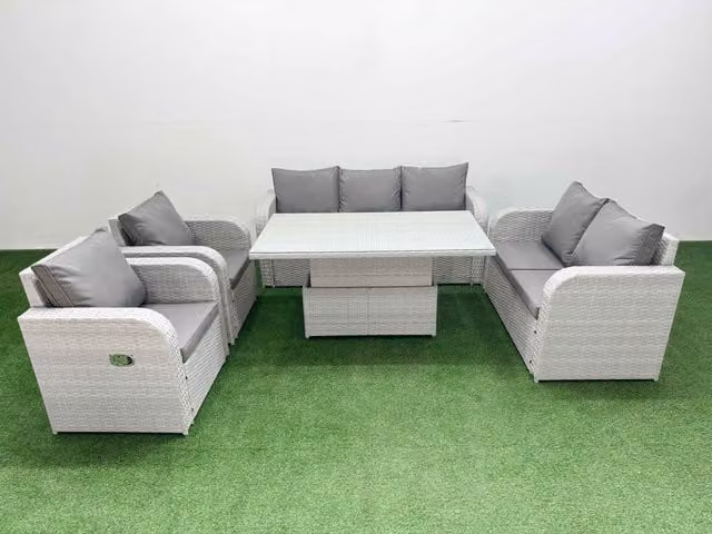 Fimous Grey PE Rattan Garden Furniture Set with 3 Seater Sofa, Lounge Armchair, Coffee Table and Weather Resistant Upholstered Cushions