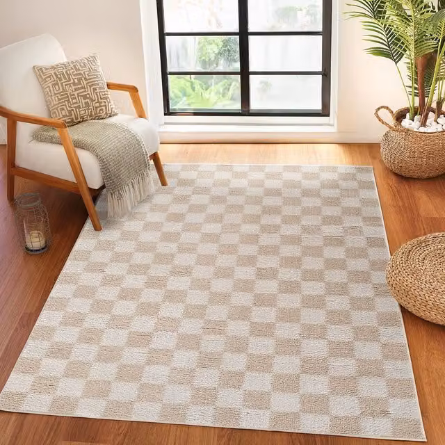 Livabliss Fossay Checked Shag Rug in Beige, W: 140 cm, D: 200 cm