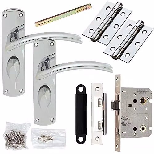 Loops Chrome Arched Lever Door Handle and Bathroom Lock Pack with Thumb Turn Backplate