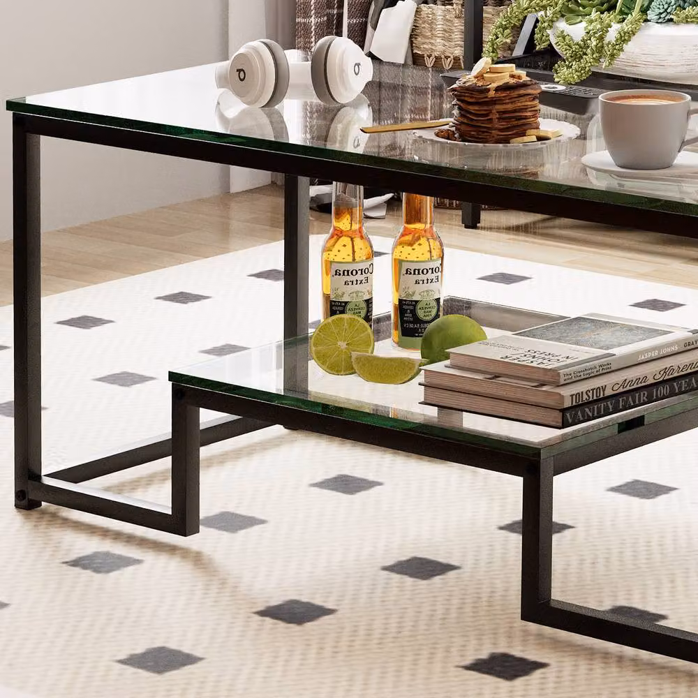Huhote Modern Rectangular 2-Tier Coffee Table with Glass Top and Black Metal Frame, W/D/H: 100 x 47.75 x 45.2 cm – 9