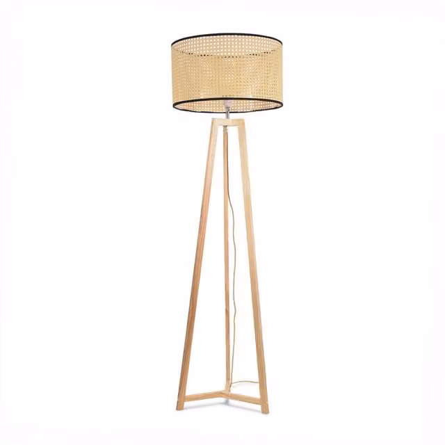 Lottie Natural Wood Tripod Floor Lamp with Woven Rattan Shade and LED Bulb in Yellow and Beige