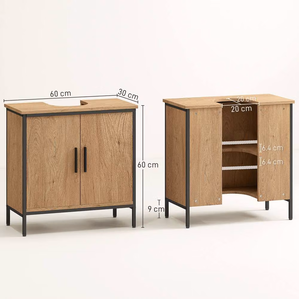 HOMCOM Industrial Under Sink Bathroom Cabinet with Hinged Doors and Internal Shelves in Light Oak – 2