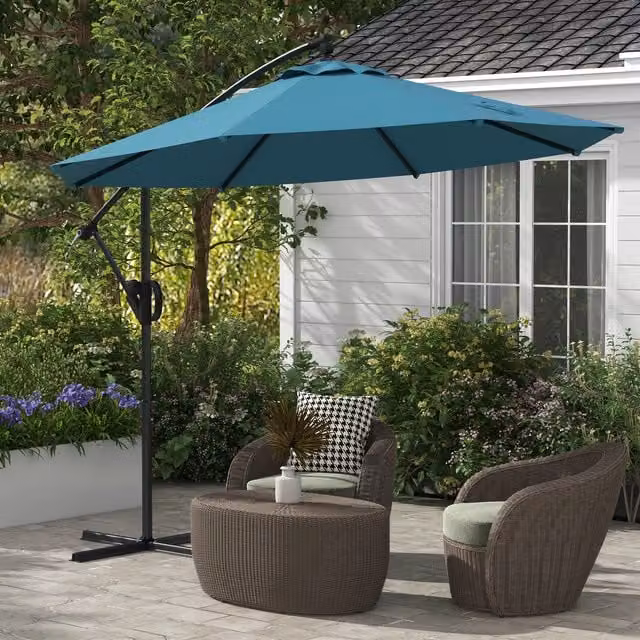 Outsunny Blue Cantilever Banana Parasol with Crank Handle and Tilt, 3 m