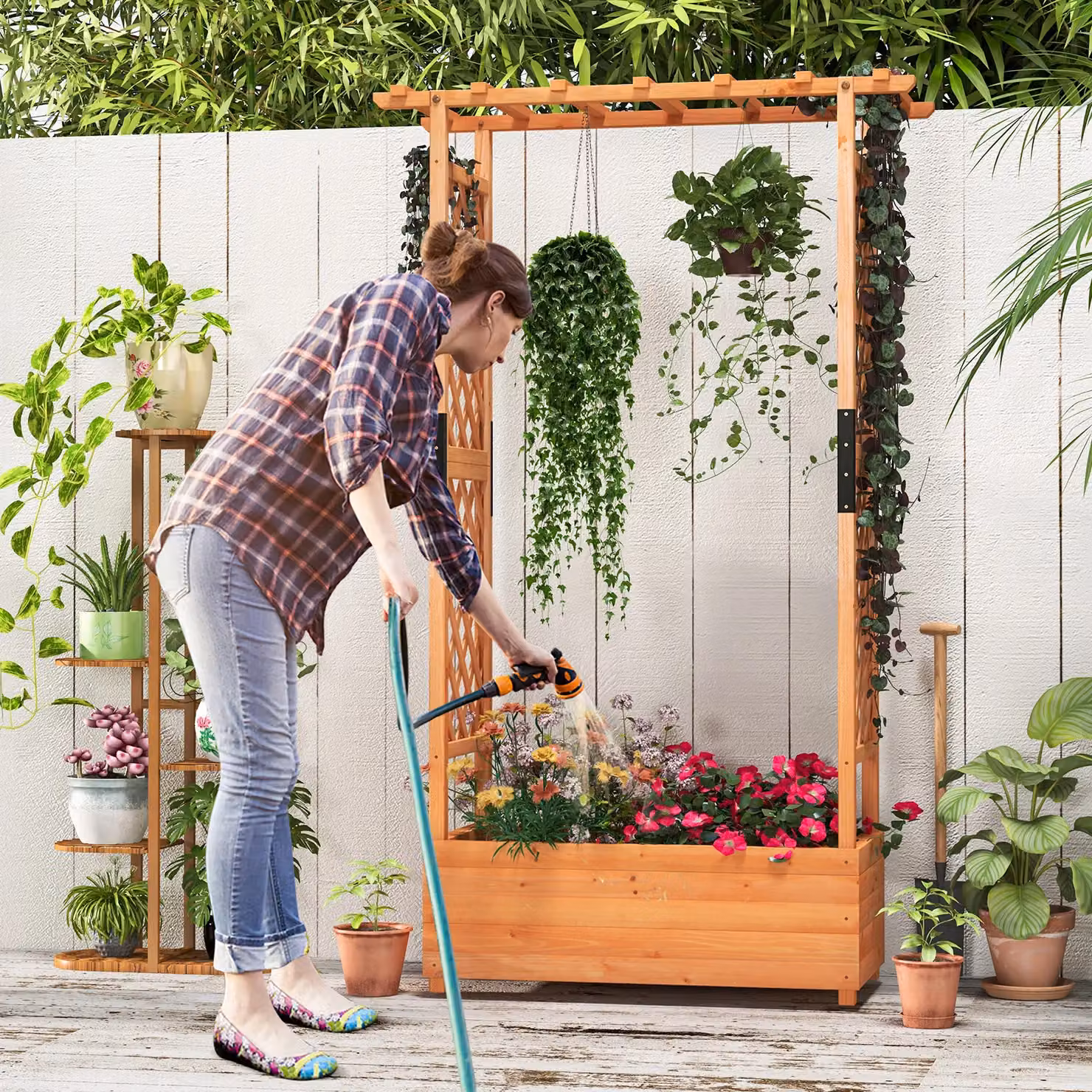 Costway Wooden Raised Garden Bed Freestanding Planter with Trellis and Drainage Hole, Orange, W: 180 cm, D: 110 cm, H: 44 cm – 3