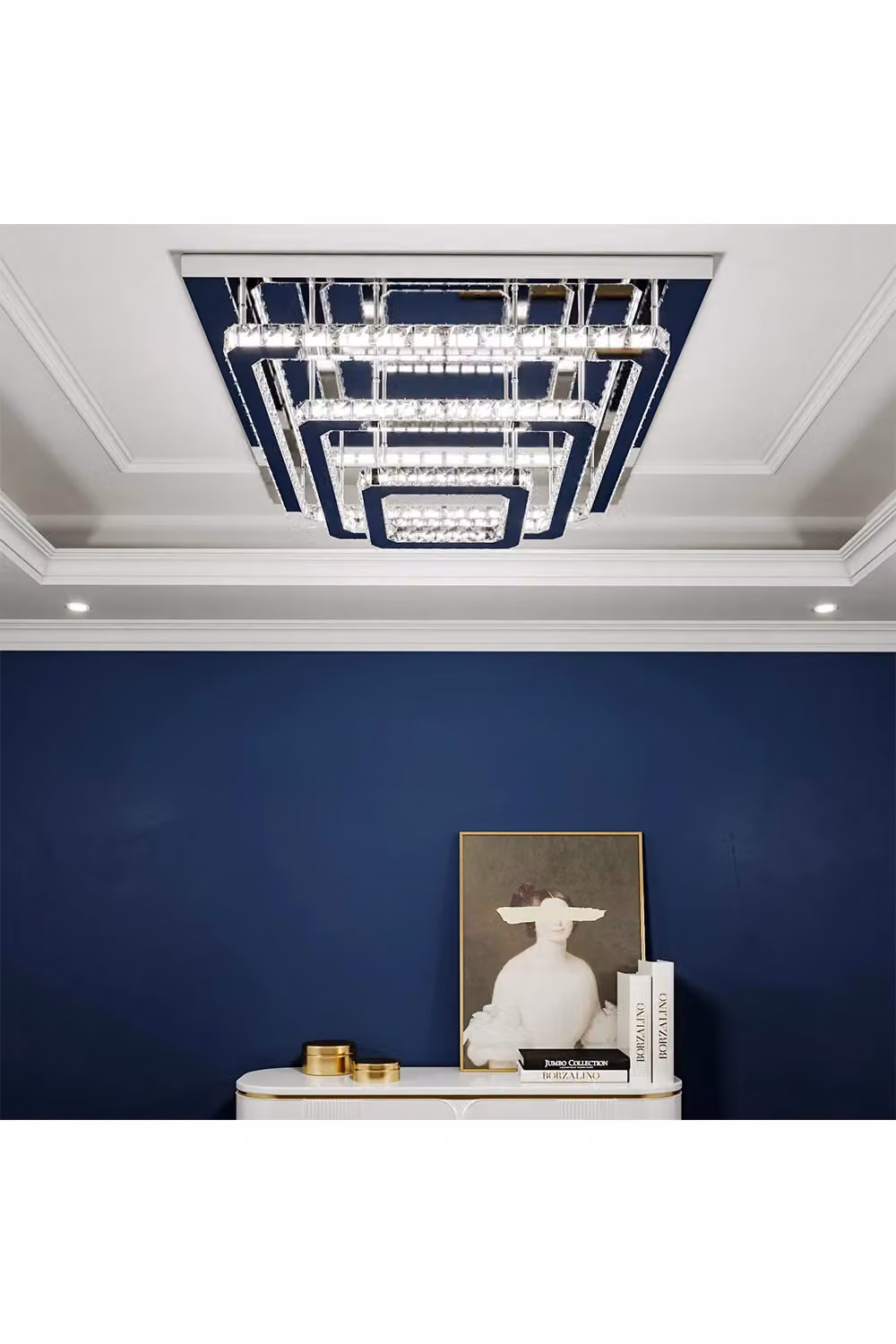 Living and Home Square Glamorous Crystal LED Ceiling Light in Silver and Transparent – 2