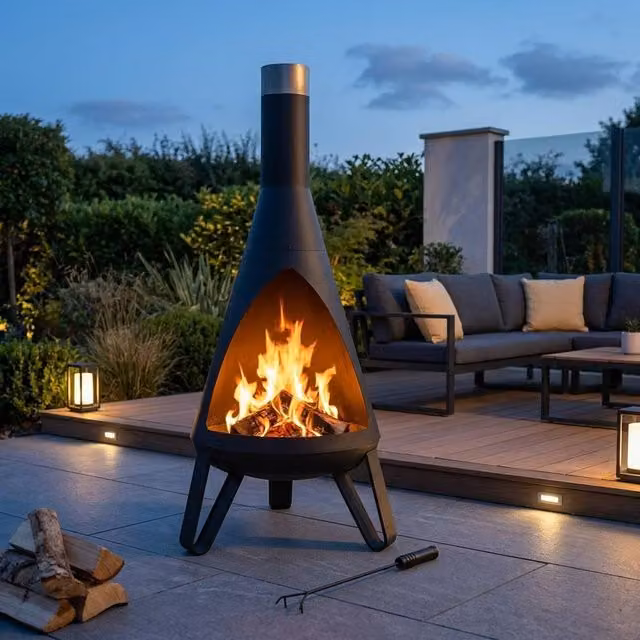 Garden Greatness Rio Contemporary Steel Garden Chiminea in Black and Multicolour, H 125 cm x W 57 cm x D 57 cm