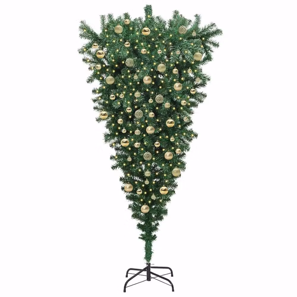 Berkfield Home Upside-down Artificial Pre-lit Christmas Tree with Ball Set in Green and Black – 3