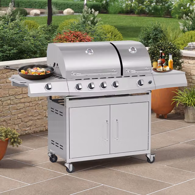 BillyOh Dallas 5 Burner Gas BBQ with Side Burner and Cover in Silver