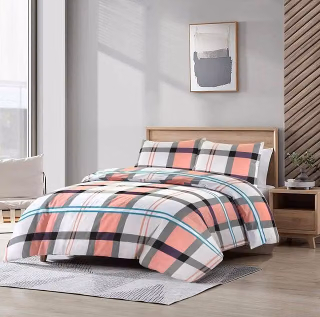 Homes-Linen Pink Checked Duvet Cover Set, W: 200 cm x H: 200 cm – 1