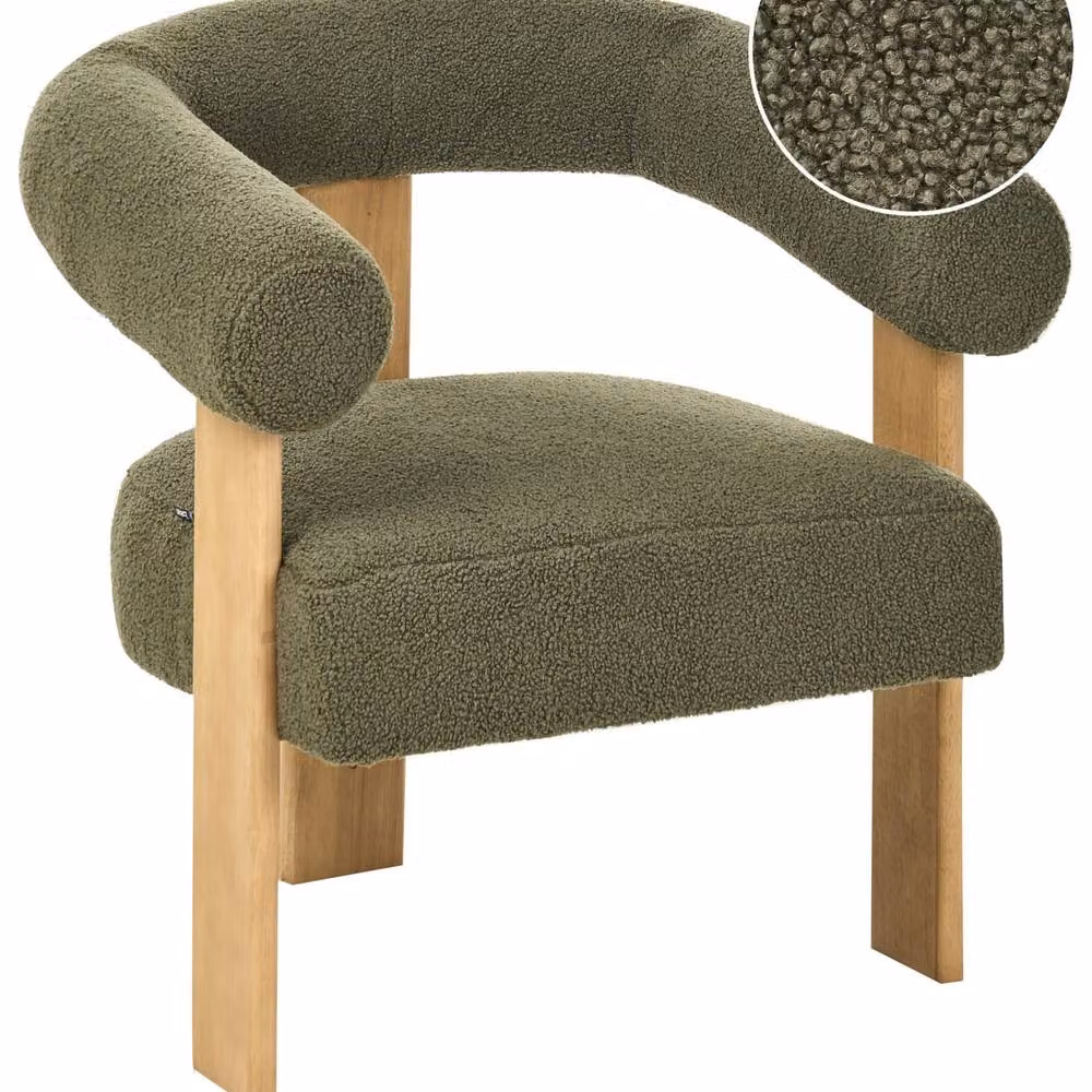 Wyld and Coco Retro Bouclé Tub Armchair in Green and Brown with Rubberwood Legs – 2