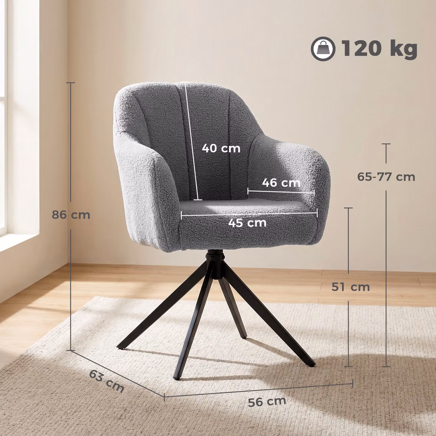 HOMCOM 360 Degree Swivel Accent Armchair in Grey Snow Flannel Fabric – 3