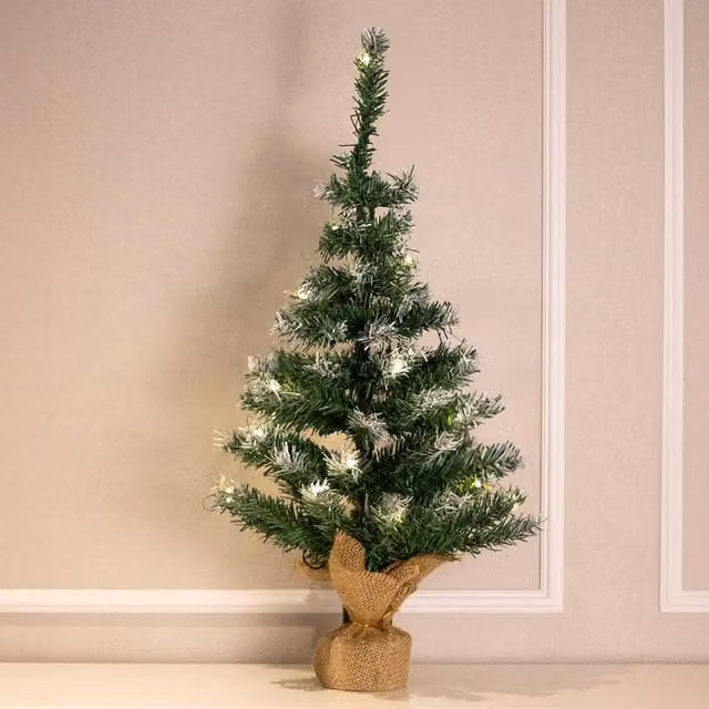 Voltico 2FT Pre-Lit Snowy Mini Christmas Tree with Warm White LEDs in Green, Height: 60.96 cm