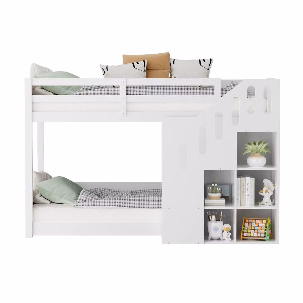 Rolipo Modern White Lacquered Bunk Bed for Children with Stairs and Side Compartments, W/D/H: 140 x 200 cm – 2