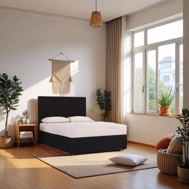 Knight Sleep Emily Black Plush Velvet Divan Bed Set with Princess Mattress and Headboard, W/D: 140 x 200 cm – 1