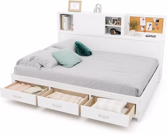 Gymax Double Daybed Guest Bed Frame with Storage Drawers and Wooden Slat Support, White, W/D/H: 140 x 200 cm – 1