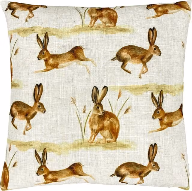 Make it a Home Country Running Hares Linen Cushion with Feather Filling in Multicolour and Yellow