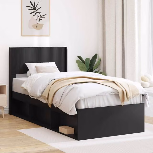 Berkfield Home Modern Bed Frame with Headboard and Side Compartment Storage, Black, W: 90 cm, L: 200 cm – 1
