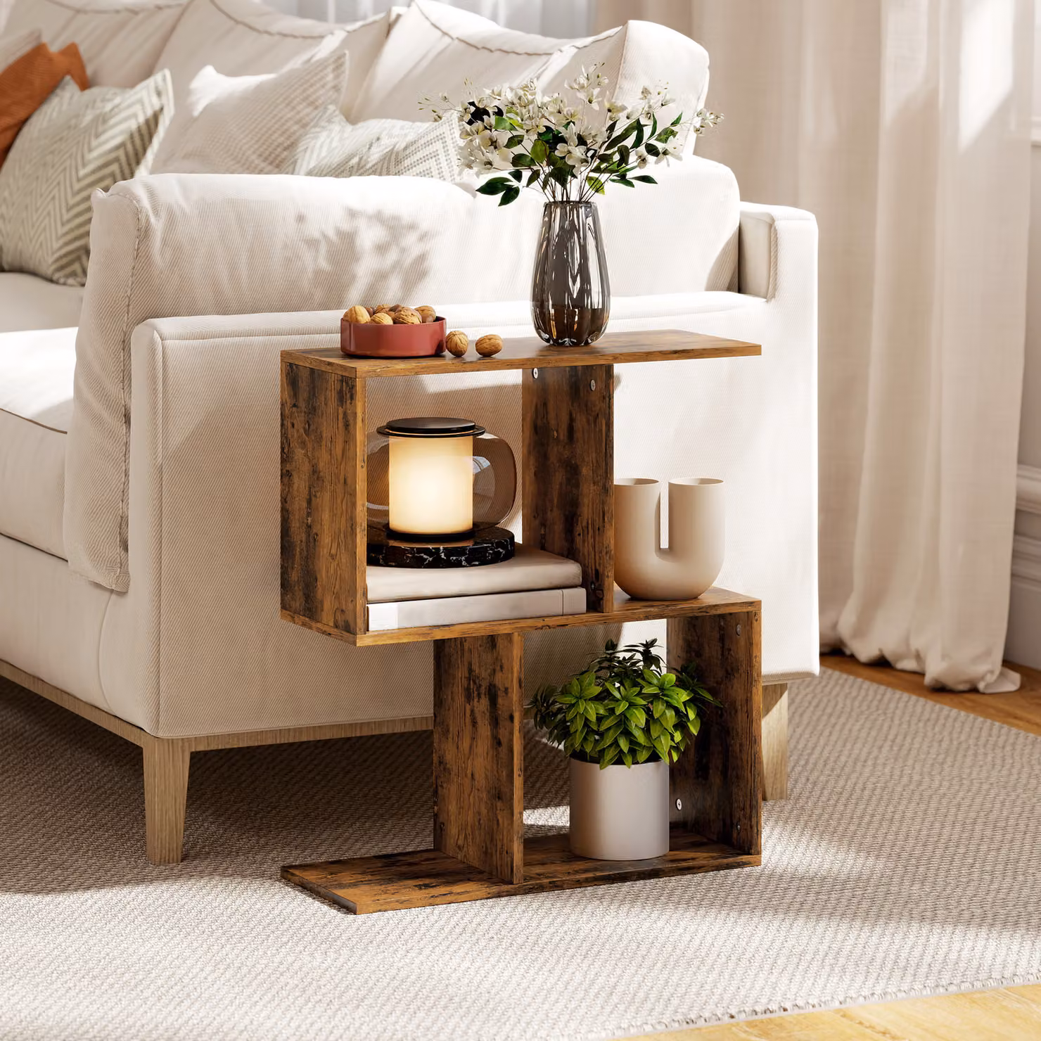 HOMCOM S-Shaped 3-Tier Side Table with Storage Shelves, Rustic Brown, W: 50 cm, D: 19.5 cm, H: 58 cm – 2