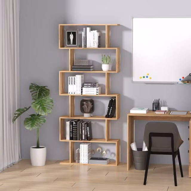 HOMCOM 6-Tier Modern S-Shape Storage Shelf in Brown Oak Wood Finish