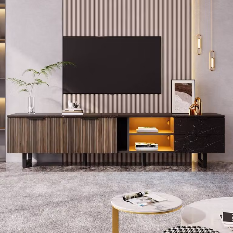 Matteo Modern 200cm TV Cabinet in Black and Multicolour with Wood Grain Doors and Integrated Lighting