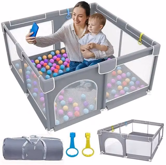 DYZI Foldable Rectangular Baby Playpen with Safety Gate in Grey, W/D/H: 120 x 127 x 127 cm