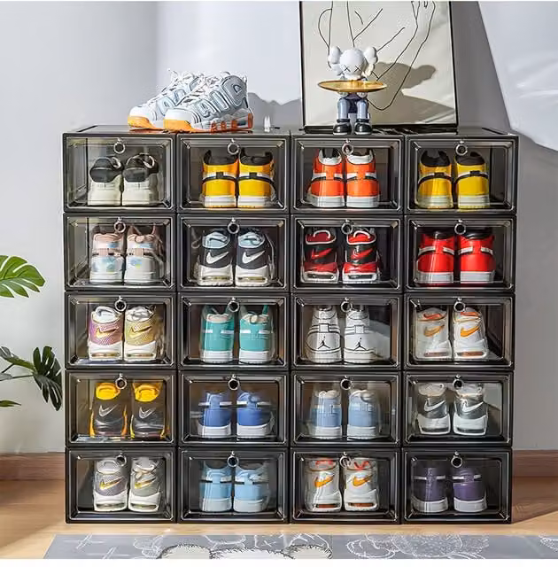 H&O Direct 6-Piece Stackable Magnetic Shoe Storage Display Case in Grey and Transparent Acrylic