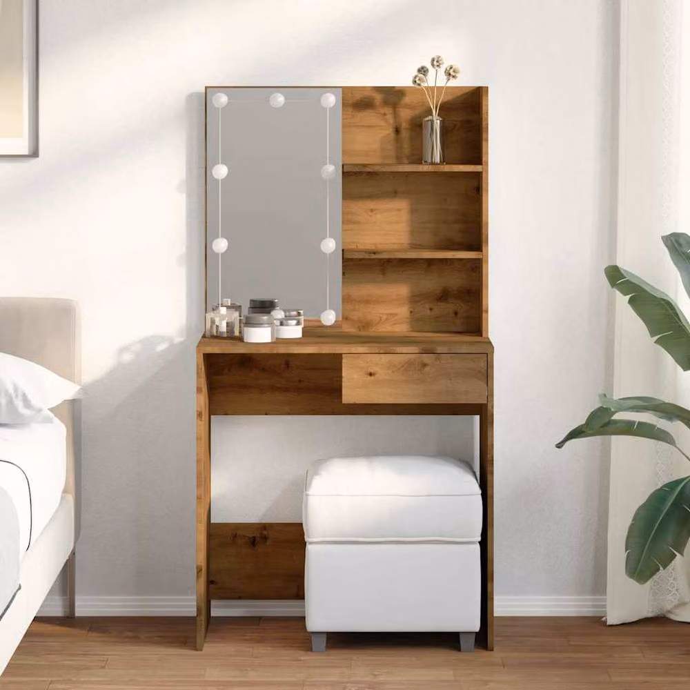 Berkfield Home Artisan Oak Dressing Table with Hollywood LED in Brown, W: 74.5 cm, D: 40 cm, H: 141 cm – 3