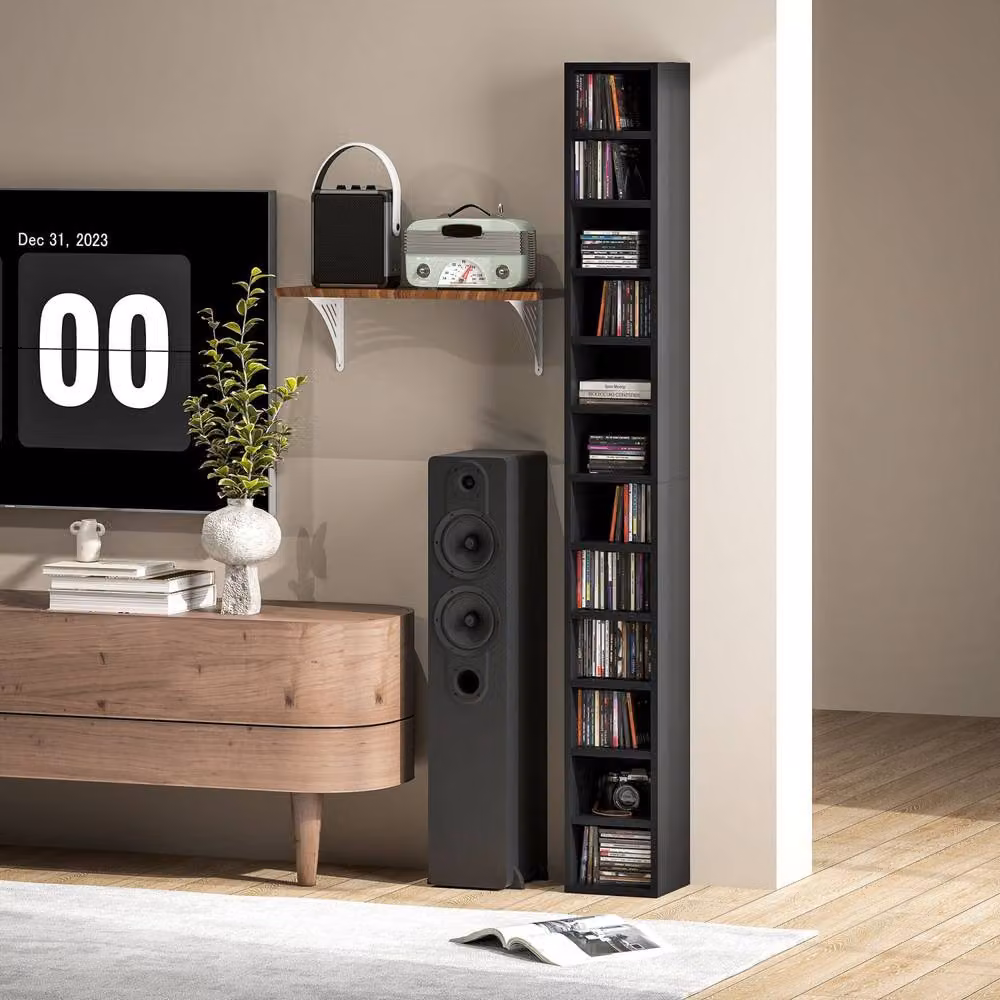 Wyld Haus Nisapa Black Wood Tall Narrow Media Storage Tower H: 175 cm, W: 21 cm, D: 20 cm – 10