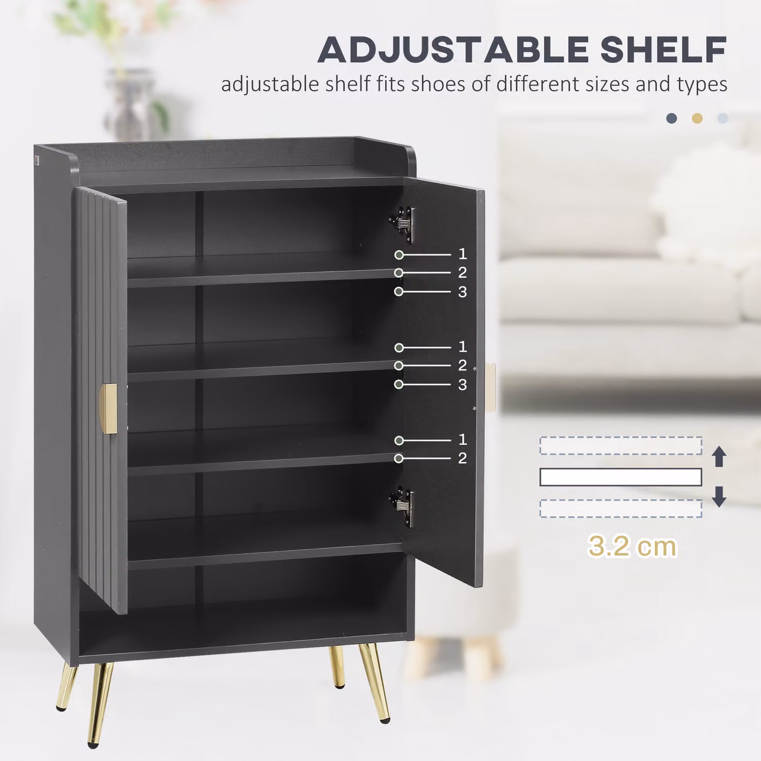 HOMCOM Modern Grey Shoe Cabinet with 2 Doors, Open Shelf and Adjustable Shelves for 15 Pairs of Shoes – 5
