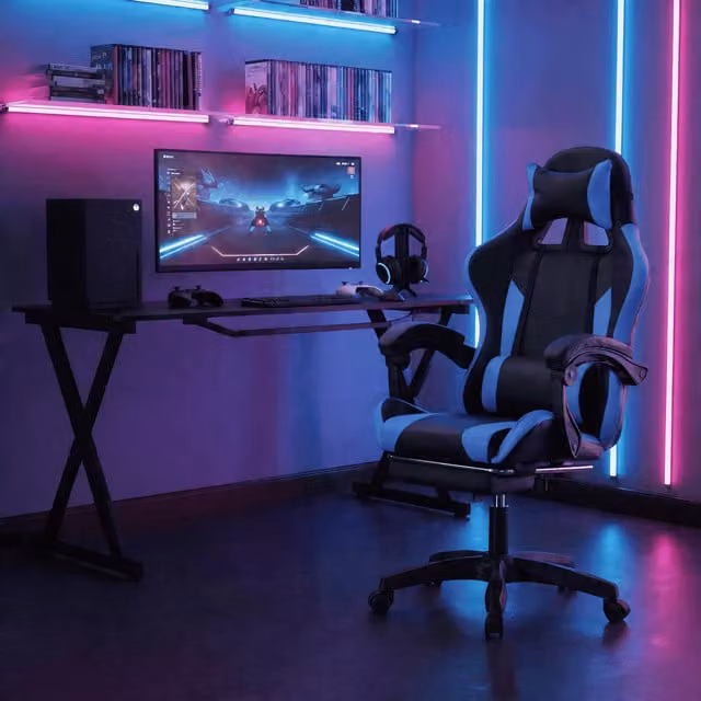 Home Source Neuro Adjustable Gaming Chair with Headrest and Pull-out Legrest in Black and Blue