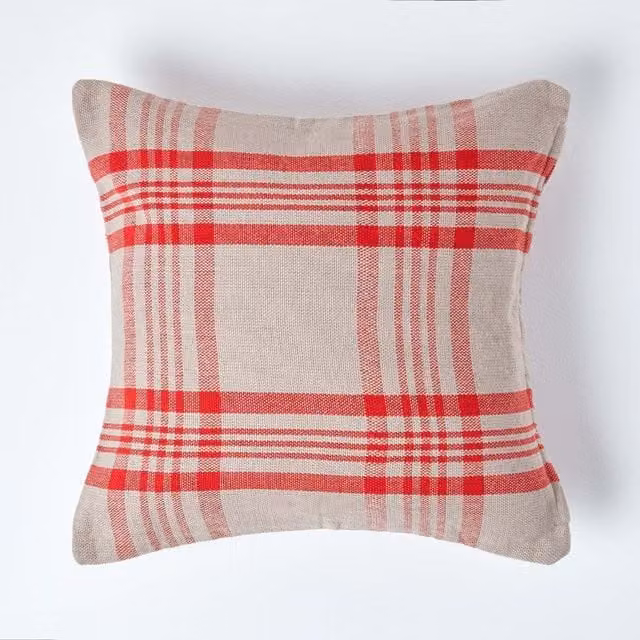 Homescapes Cotton Tartan Pattern Cushion Cover, Grey and Red, W/D/H: 45 x 45 x 1 cm