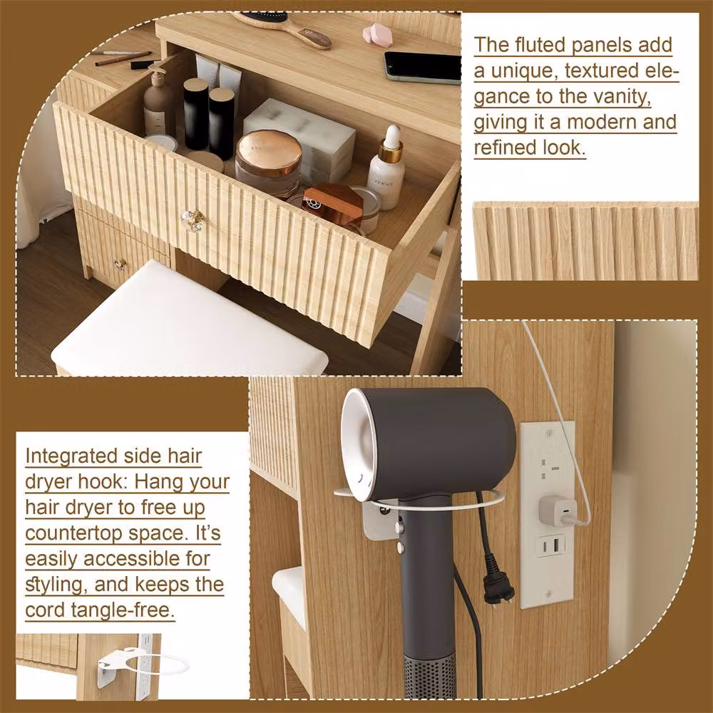 Direct Wicker Modern LED Vanity Desk with 4 Drawers and Dressing Chair in Beige and Brown – 3