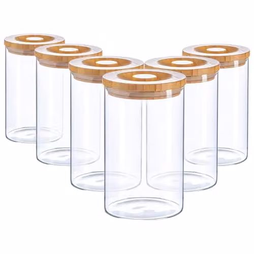 Argon Tableware Scandi Airtight Glass Storage Jars with Wooden Lids, 1 Litre, 6 Pack, Transparent