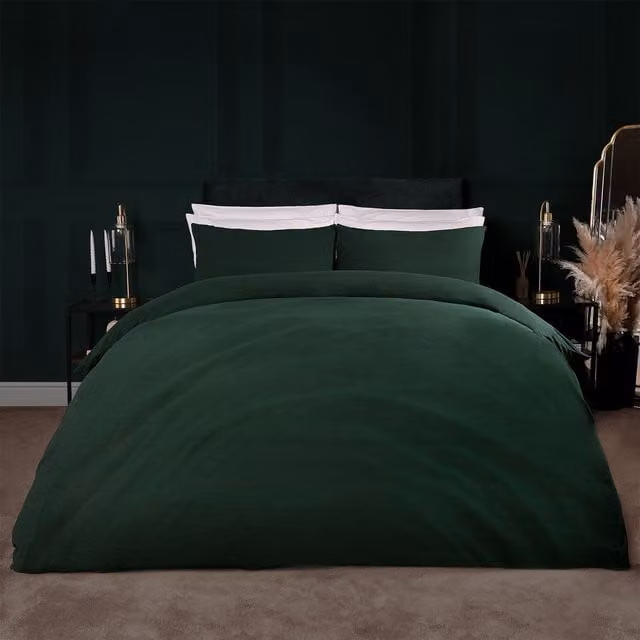 Brentfords Green Microfibre Washed Linen Look Duvet Cover Set with Pillowcases, W: 180 cm, L: 200 cm