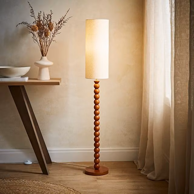 ValueLights Wyatt Walnut Bobble Wood Floor Lamp with Tall Linen Shade in Brown and Beige
