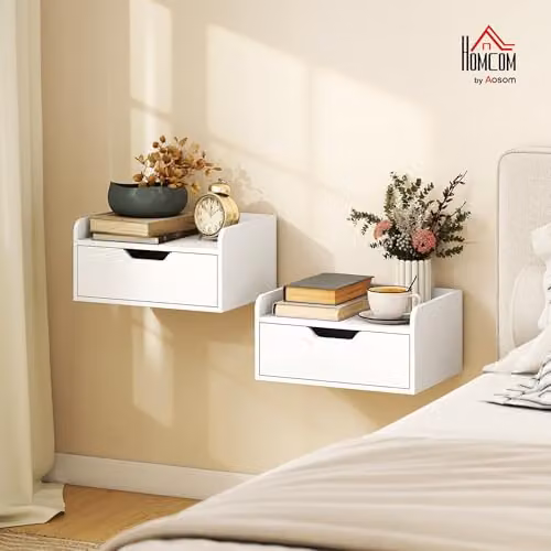 HOMCOM Set of 2 Modern White Wall Mounted Floating Nightstands with Drawers – 2