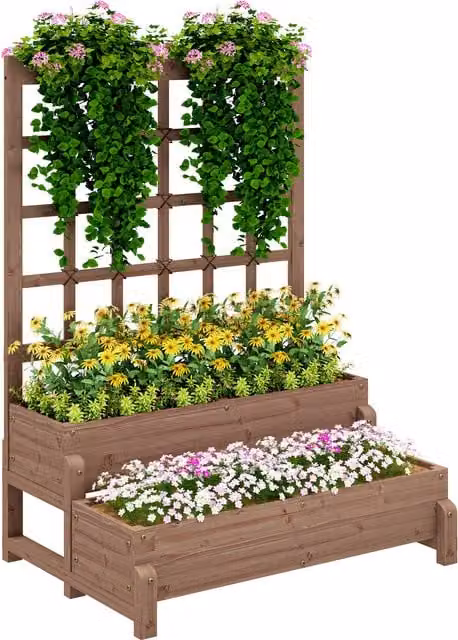 Outsunny 2-Tier Wooden Raised Garden Bed with Trellis and Drainage Holes, Brown, W/D/H: 121 x 66 x 88 cm