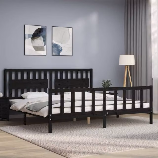 Berkfield Home Beautiful Bed Frame with Headboard in Black Solid Pine Wood W/D/H: 200 x 200 x 205.5 cm – 1