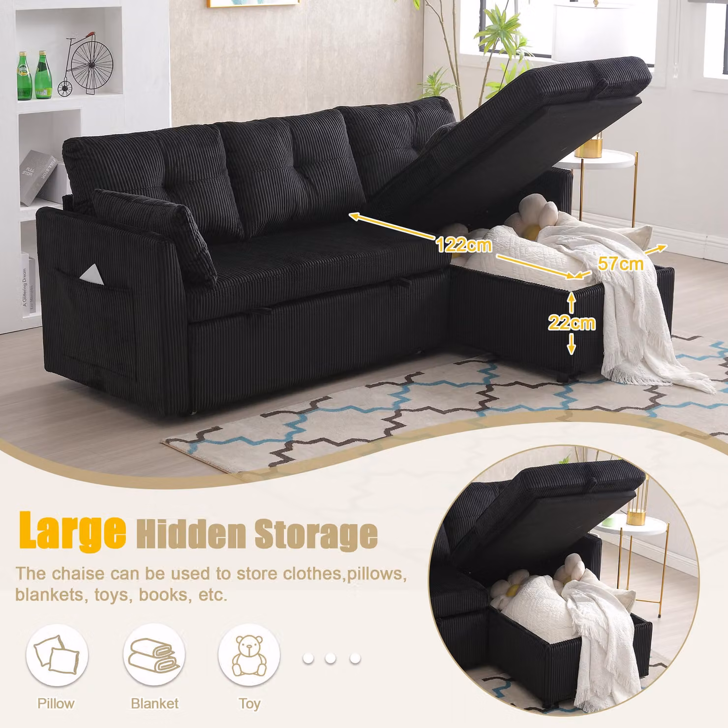GOMYWAY Black Corduroy L-Shaped Sectional Sleeper Sofa with Reversible Storage Chaise, W/D/H: 206 x 130 x 88 cm – 4