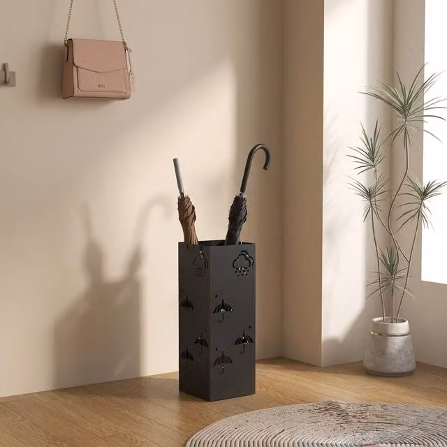 STILVORA Black Metal Umbrella Stand with Removable Drip Tray and 4 Hooks – 1