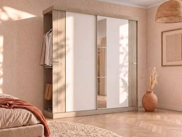 Vente-unique 2-Door Sliding Wardrobe with Mirror in Natural and Ivory Light Oak, Width: 231 cm