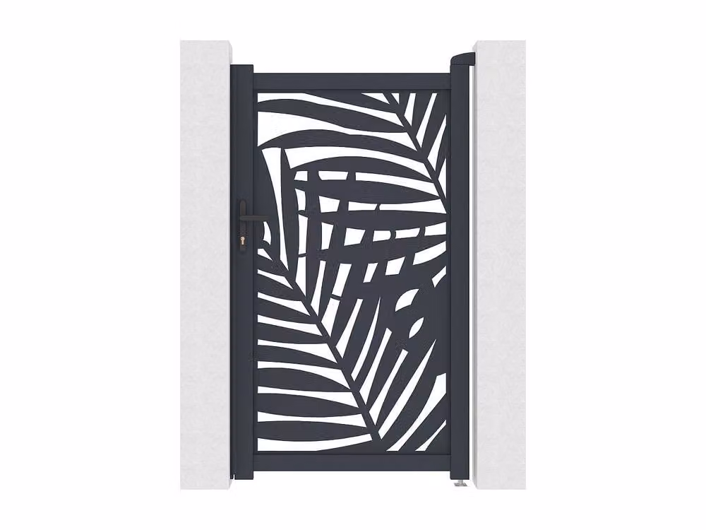 Vente-unique Laser-Cut Aluminium Single Swing Gate with Tropical Pattern in Grey, W: 103 cm, H: 181 cm – 2