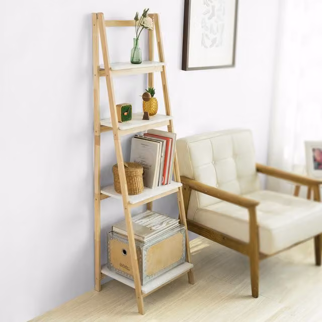 SoBuy 4-Tier Foldable Ladder Shelf in Brown Rubberwood